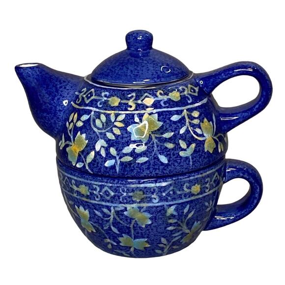 World Market Tea For One Blue Floral Ceramic Teapot/Cup Combo Stackable - Picture 1 of 14